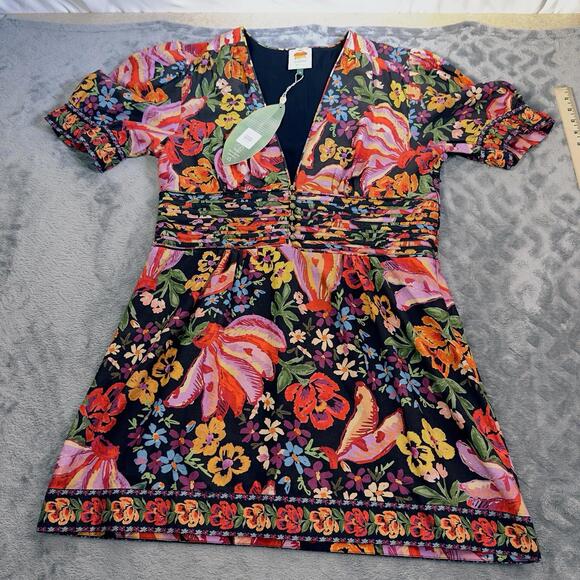 NWT FARM RIO  XL Spring Banana Floral Mini Dress Pleated V-Neck Black Boho - Picture 16 of 16